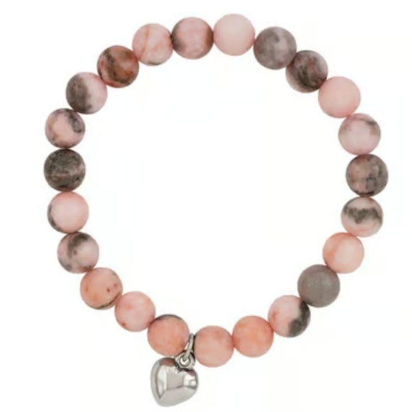 Pink Zebra Jasper Natural Stone Beaded Silver Puffy Heart Stretch Charm Bracelet - Picture 3 of 4